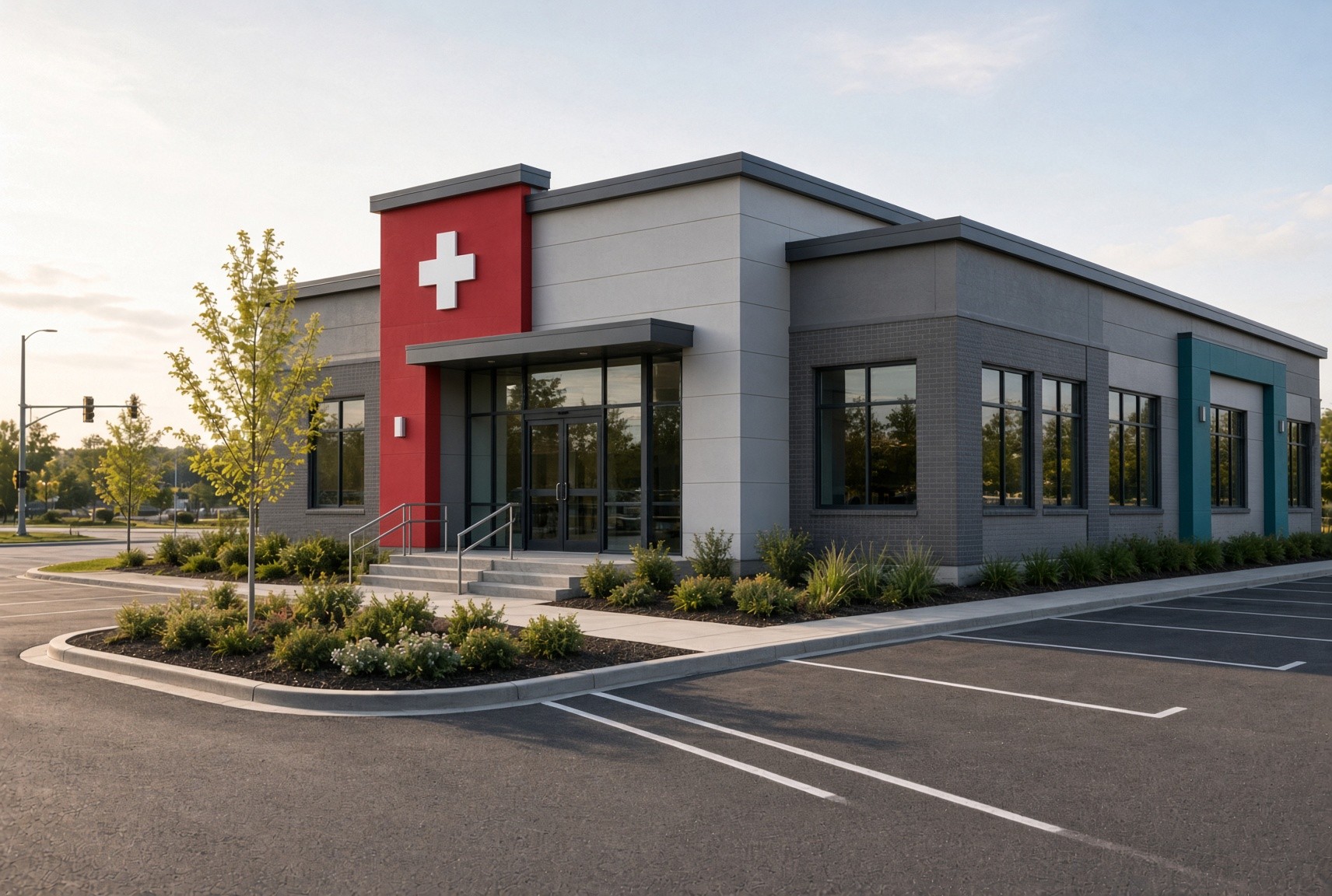 Modern freestanding Urgent Care facility with landscaped grounds and parking