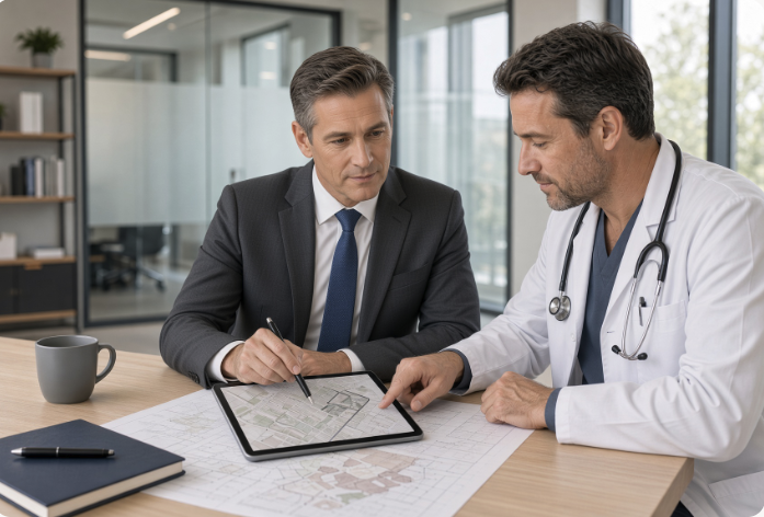 Consultant and doctor reviewing an Urgent Care site plan on a tablet