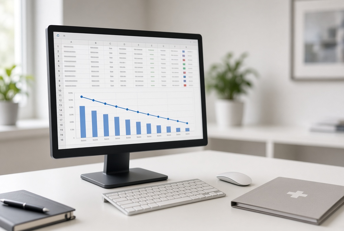 Monitor displaying a spreadsheet and declining cost chart in a medical office