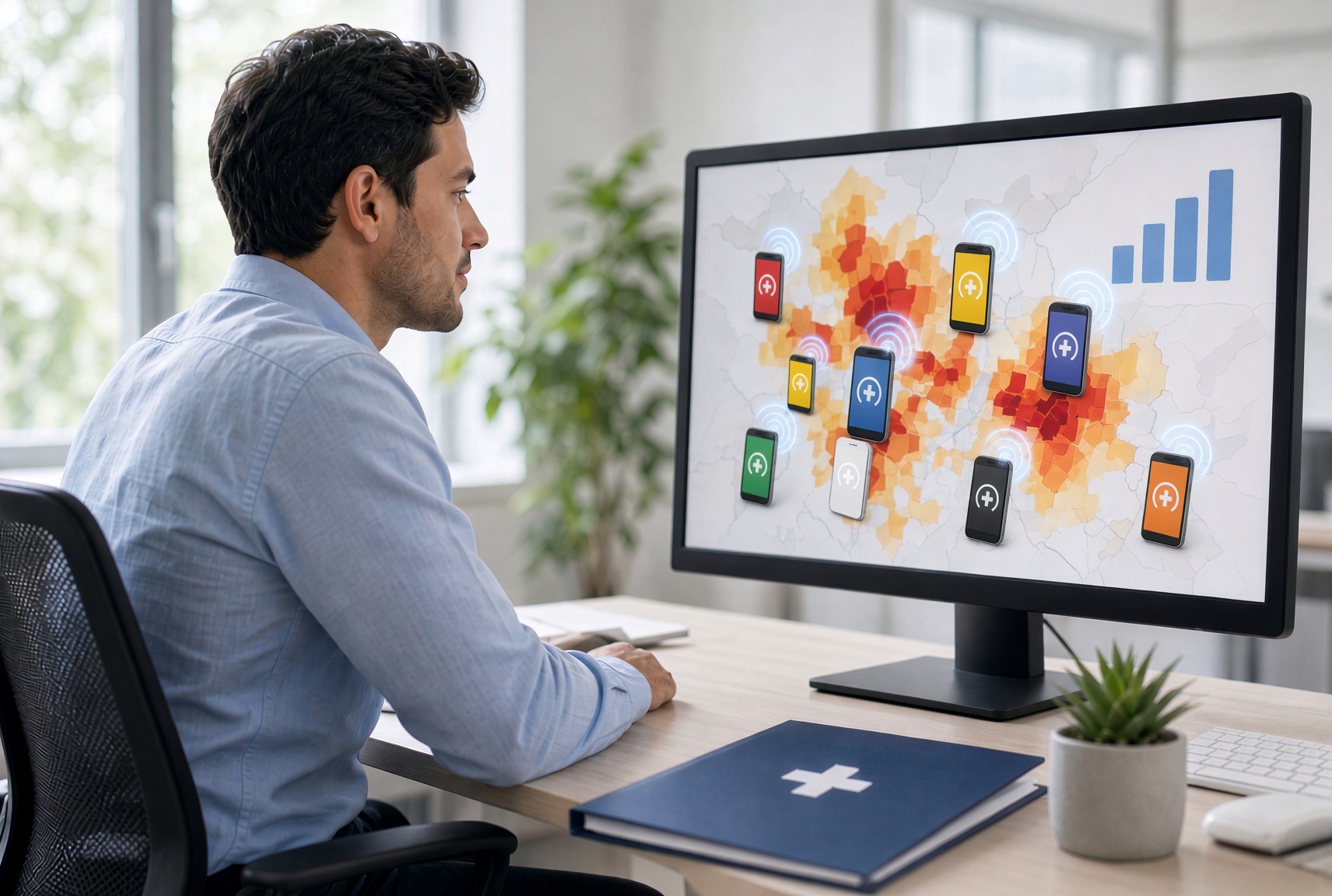 Analyst reviewing mobile location data and an Urgent Care heat map on a monitor