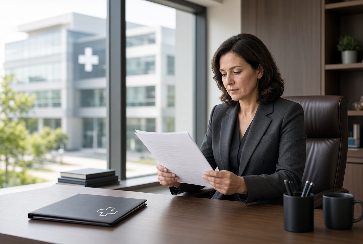 Woman at a desk reading a real estate document