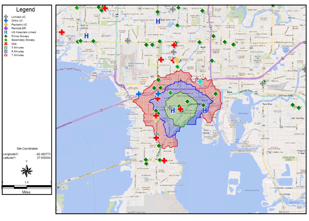 Drive time rings around a candidate Urgent Care site